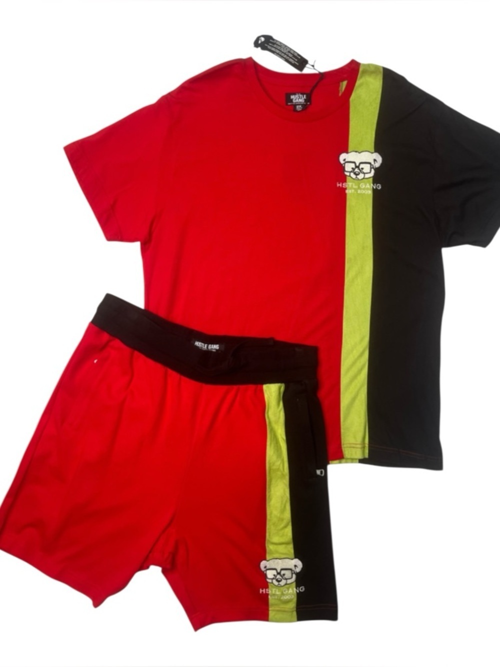Sz 2xl Hustle Gang Red, Lime & Black Teddy Graphic unique material short set